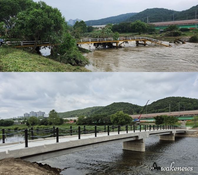 파손된 세월교 모습(위)과 재설치한 세월교(아래)