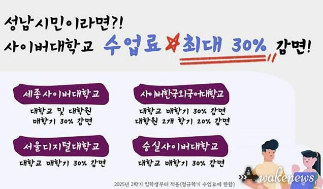 성남시민 4곳 사이버대학교 수업료 최대 30% 감면 홍보 이미지
