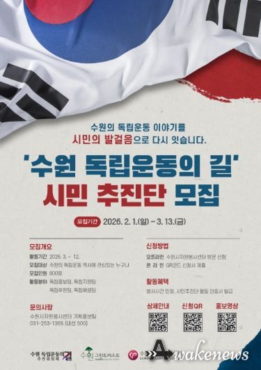 ‘수원 독립운동의 길 추진위원회’와 수원시자원봉사센터가 2일 시민추진단 공개 모집에 들어갔다. ‘수원 독립운동의 길’ 시민추진단 공개 모집 포스터.
