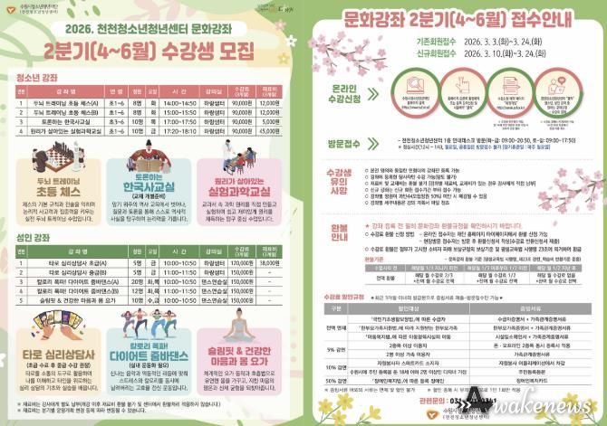 수원시청소년청년재단 천천청소년청년센터, 2분기 문화강좌 신규 수강생 모집