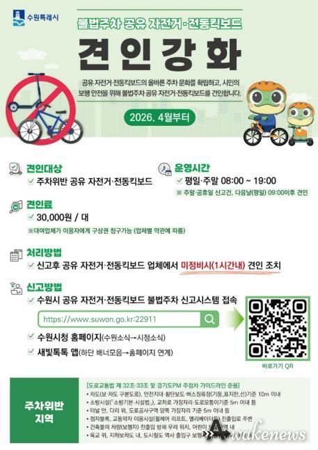 수원시 공유 전동킥보드(PM)·자전거 불법주차 신고시스템 확대 홍보물