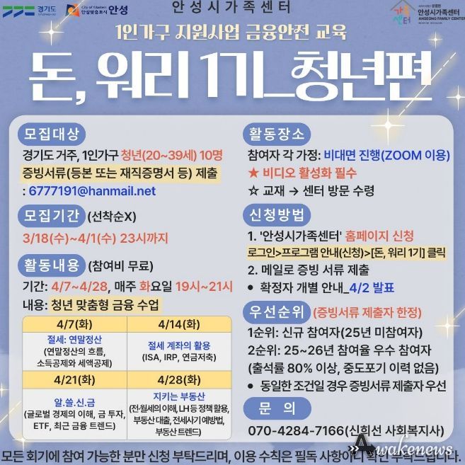 안성시 가족센터, 1인 가구 지원사업...금융안전 교육 '돈, 워리 1기' 청년 참여자 모집