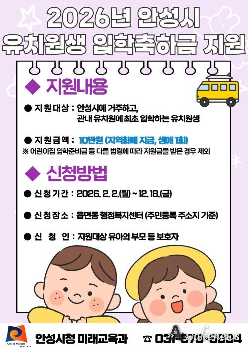 안성시, 유치원생 입학 축하금 10만원 지원